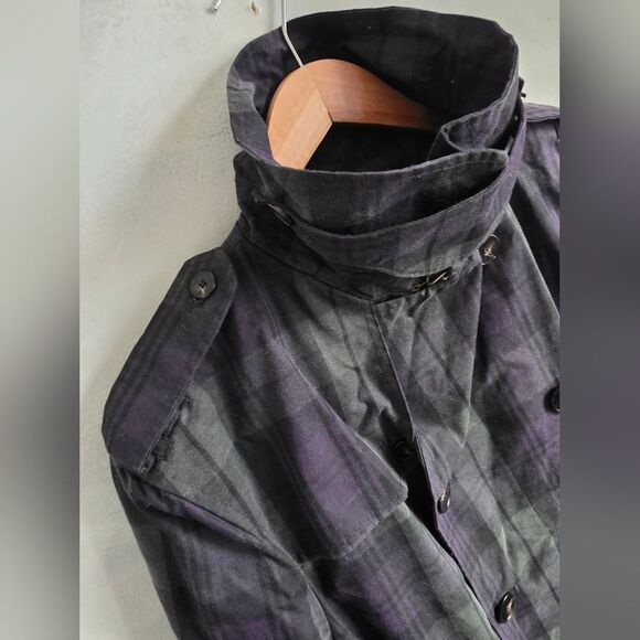 Zara Waxed Blue Green High Neck Belted Plaid Trench Coat British Millerain Sz M - Picture 4 of 16